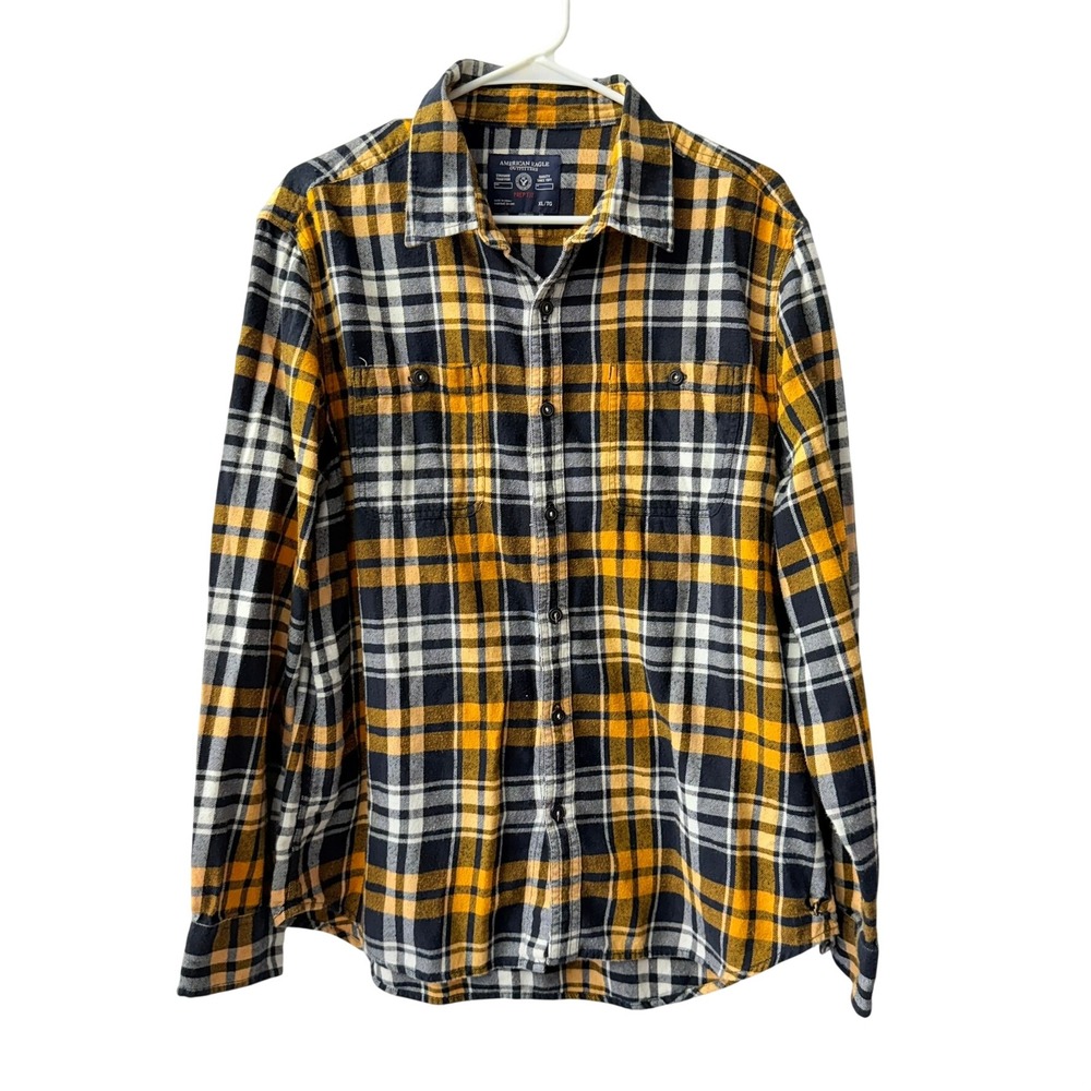 American Eagle Flannel Shirt Mens XL Yellow Plaid Prep Fit Long Sleeve Button Up